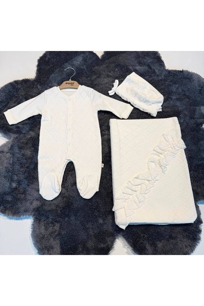 Baby Girl Lace Set of 3 - Romper&Blanket&Hat - 100% Natural Cotton - Ecru