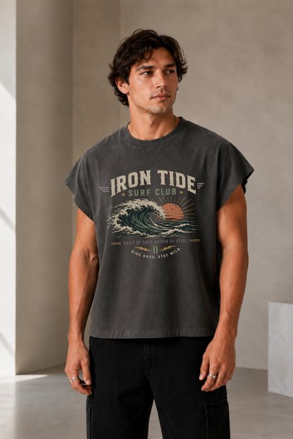 Oversize Iron Tide Printed Vintage Daily Use Street Wear Crew Neck Boxy Worker T-Shirt