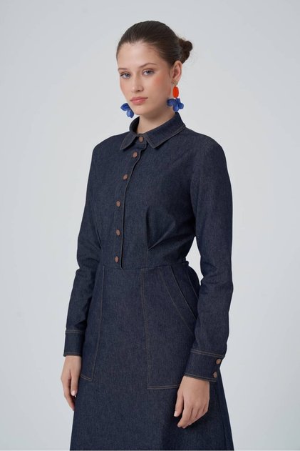 Çıtçıtlı Kemerli Midi Kot Elbise 2344