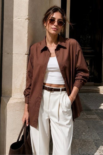 Kadın Oversize Poplin Gömlek Uzun Kollu Basic Gömlek TR0735