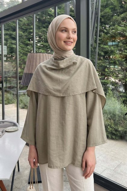 Shawl Detailed Tunic Y0151 - Light Khaki