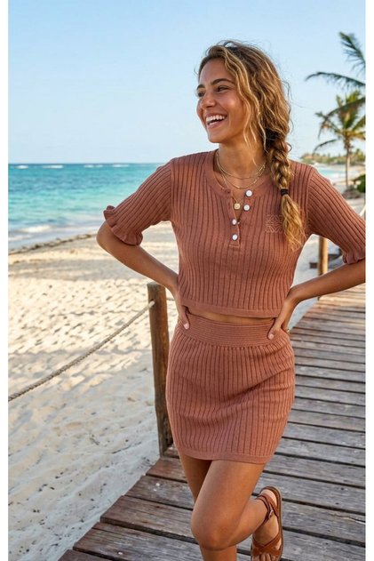 Summer Buttoned Crew Neck Cropped Skirt Knitwear Set