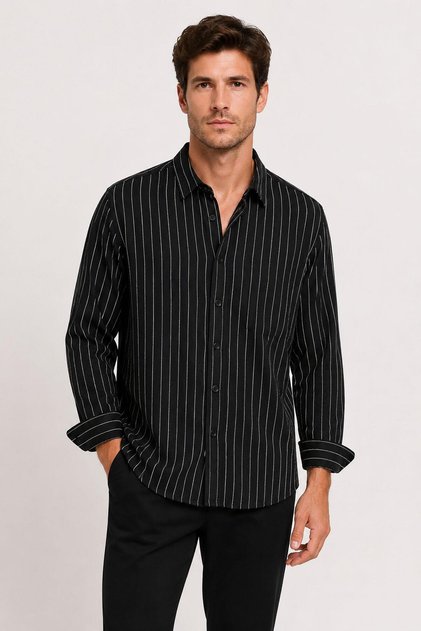 Huffa Men's Regular Loose Striped Long Sleeve Shirt 7744