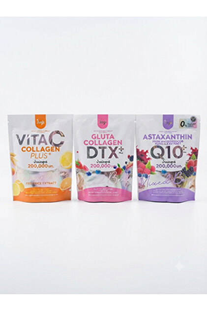 Product 1 (Orange): Vita C Collagen Plus+ (Vita C Collagen Plus+) and (Pink): Gluta Collagen Detox (Gluta Collagen Dtx+) and Astaxanthin Q10 Plus (Astaxanthin Q10+)