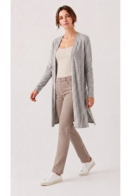 Women's Gray Melange Color Long Slit Basic Cardigan
