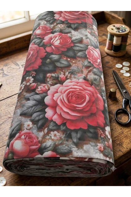 PAMUKLU RANFORCE KUMAŞ 240 cm EN METRELİK KUMAŞ – KALİTELİ , ŞIK VE ÇOK AMAÇLI KULLANIM (PERDE , EV TEKSTİLİ ,NEVRESİM DEKORASYON ) KIRMIZI ÇİÇEKLİ 5D