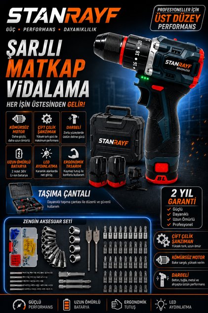 Alman MG98 BL Kömürsüz Motor Çift Akülü Bakır Sargılı Darbeli Vidalama Şarjlı Matkap Full Setli Tam Prof