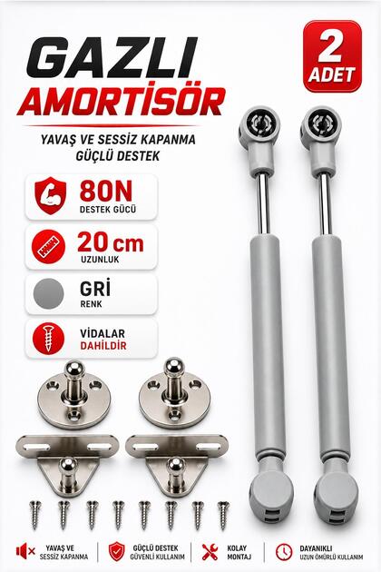 (2 Adet) Dolap Kapak Amortisörü 80N Gri 20 cm Gazlı Piston Kapak Hidroliği Mutfak Dolabı Pistonu