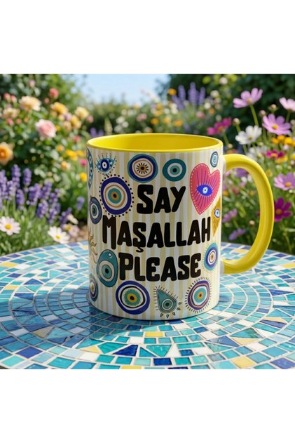 Say Maşallah Please Tasarım Renkli Porselen Kupa, Nazar Boncuk Desenli Hediyelik Kupa