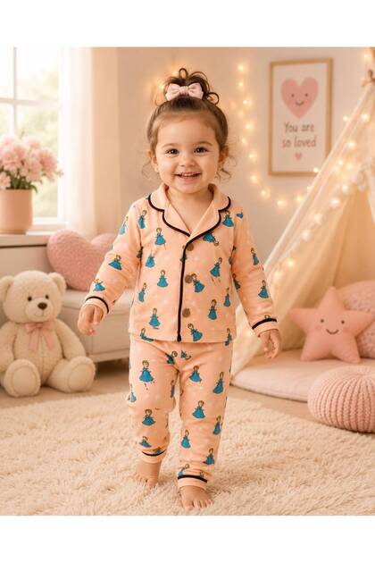 100% Cotton Long Sleeve Buttoned Seasonal Princess Patterned Soft Textured Bottom and Top Baby Girl Pajama Set