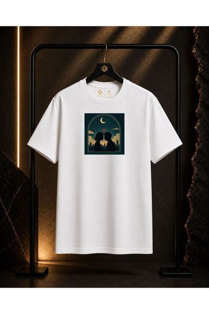 Unisex Romantic Couple in Moonlight Retro Printed 100% Cotton Oversize Crew Neck Short Sleeve T-Shirt White