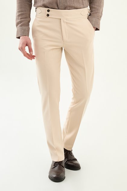 Straight Super Slim Fit Belted Men's Trousers Beige - 38138.23Y