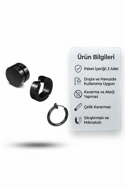 Black Stainless Steel Magnetic Clip-On Non-Pierced Hoop Earrings Set 3 Pieces