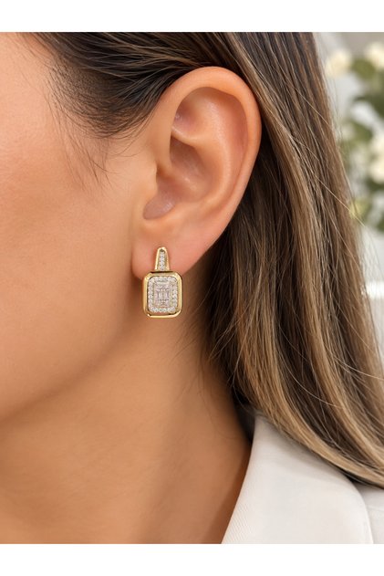 Xuping Gold Zircon Stone Rectangular Women's Earrings – Stylish Everyday and Special Occasion Jewelry