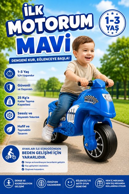 İlk Motorum Mavi İtmeli Denge Motoru 24 Ay+ Çocuk Binmeli Oyuncak Motor Taşıma Saplı Hafif Yürüme Motoru Scooter