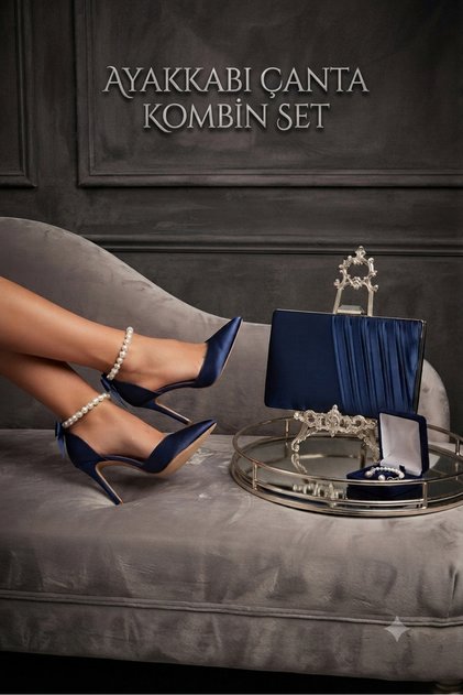 High Heel Shoes Navy Blue Satin with Pearls and Spare Helmet Evening Dress Shoes and Evening Dress Bag Set