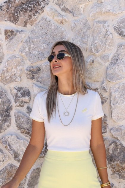 Yellow Crew Neck Embroidered Crop Tshirt