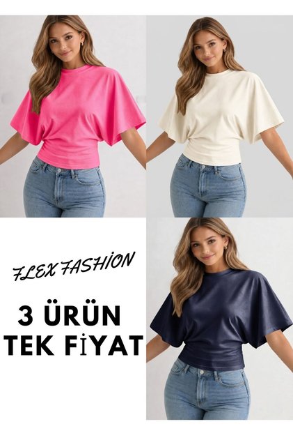 3-Piece Women's Fitted Top Blouse-T-Shirt with Wide Sleeves (Pink-Cream-Navy Blue)