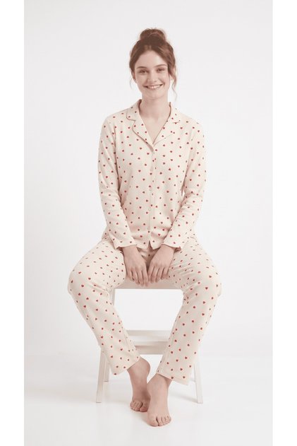 Buttoned front waffle fabric ecru heart pattern seasonal pajama set