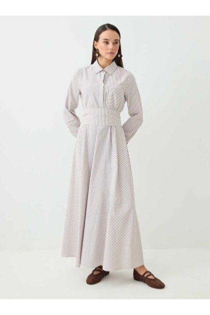 Thick Belt Detailed Striped Hijab Dress - Brown Striped -