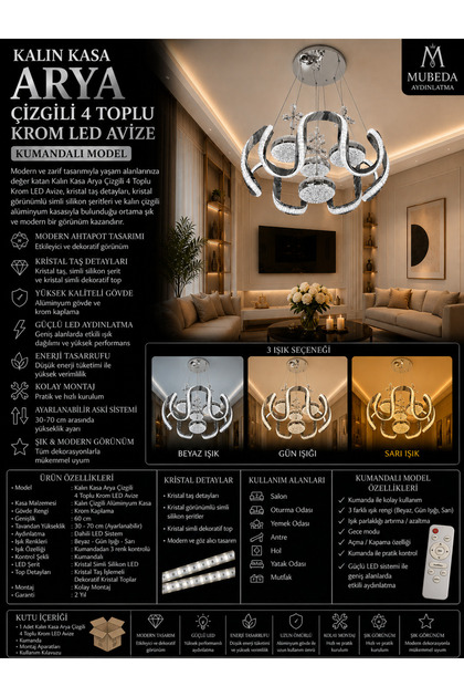 Kalın Kasa Arya Çizgili 4 Toplu Krom LED Avize - 4 Renk Aydınlatma Seçeneği (KUMANDALI)