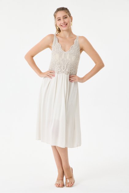Beige Italian Lace Midi Dress with Elastic Back and Straps, Size 38 - 42