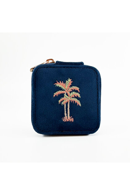 Mini Square Velvet Jewelry Case & Travel Jewelry Organizer - Palm Tree Embroidery Detail - 6.5X6.5X4 cm