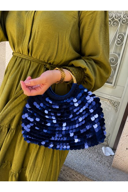Handmade Navy Blue Sequined Women's Handbag – Vip Design with Round Handle, Stylish Evening Dress Event and Evening Bag