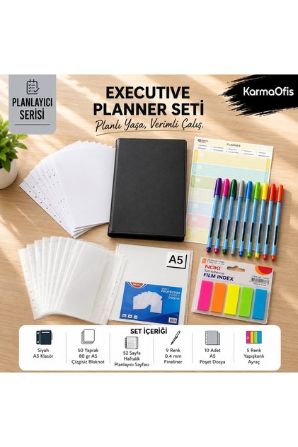 A5 4-Ring Black Planner Folder Set | 50 Sheets of Notepads, 52 Sheets of Weekly Planner, 9 Colors of Fineliner, 10 A5 Pocket Files, and 5 Colors of Sticky Tabs