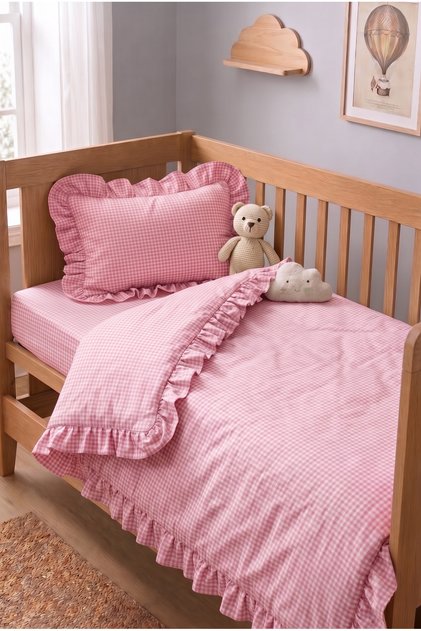 Vintage Ruffled Baby Bedding Set | 100% Cotton Gingham Patterned | 100X150 cm Duvet Cover, 35X45 cm Pillowcase and Fitted Sheet