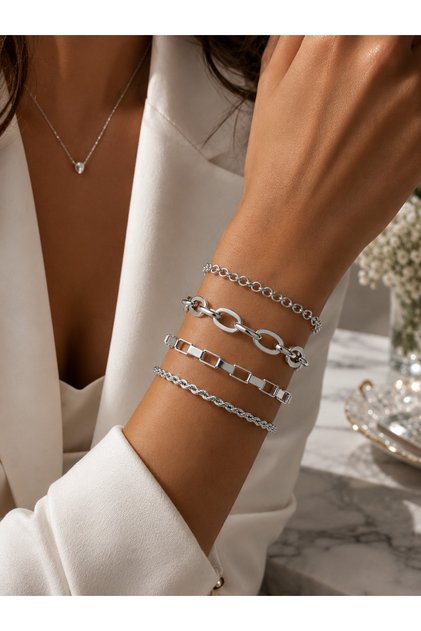 Steel 4-Piece Women's Men's Bosslady Combination Bracelet Set / Thick Oval Chain / Square Chain / Sign Chain / Gold / Silver Color / with Extension Chain
