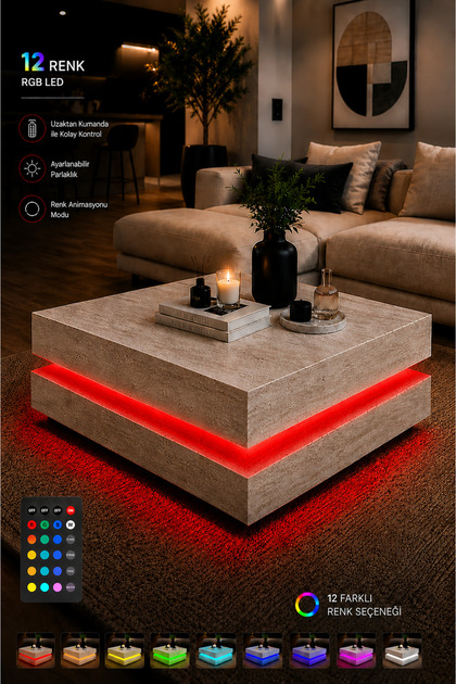 Dammas RGB LED Işıklı Orta Sehpa Kumandalı Traverten Desen Modern Yeni Nesil Kare Salon Sehpası