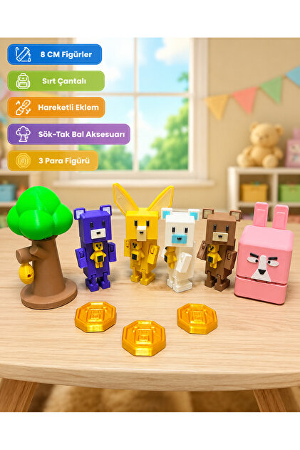 Super Bear Adventure Midi Oyun ve Diorama Set 9 Parça (5 Figür + 1 Ağaç + 3 Coin)