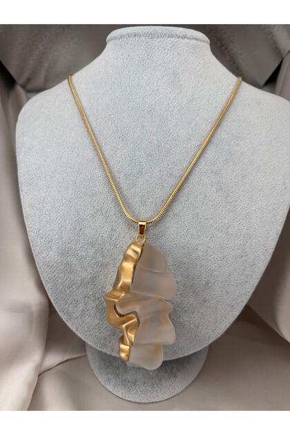 Women's Silver Color Abstract Design Matte Acrylic Metal Detailed Long Chain Necklace Modern Stylish Neck Chain