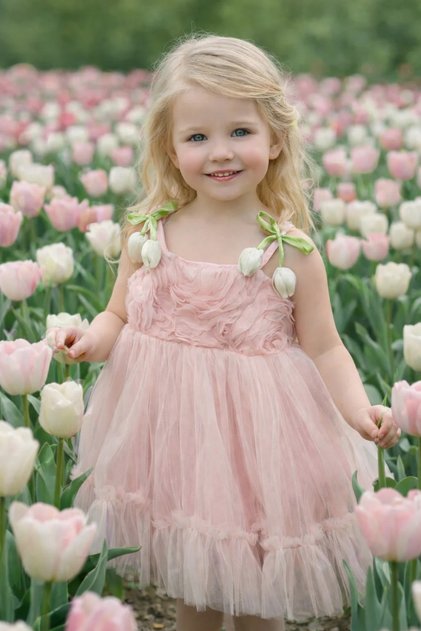 Girl's Powder Shoulder Tulip Detail Tulle Dress-Pudra