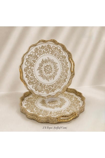 Acrylic Outside, Glass Inside, Patterned Metal Decorative Presentation Tray, Classic Gold Serving Tray Set 36-40 cm