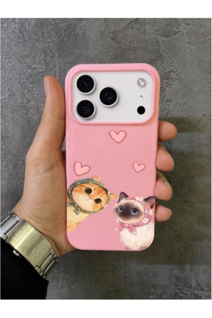 iPhone 17 Pro Max - 18 Pro Max Compatible Pink Case with Heart and Scarf Double Cat Pattern