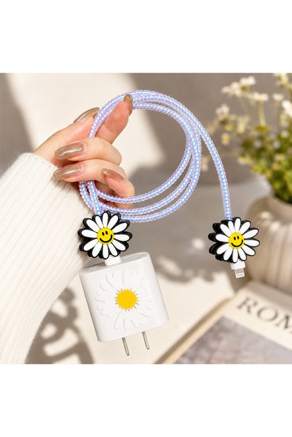 İphone 18w/20w Şarj Adaptörü ile Uyumlu Papatya Figürlü Şarj Aleti Kılıfı, Şarj Kablo Koruyucu, Şarj Koruyucu Kılıf, Kablo Koruyucu, Adaptör Koruyucu Kılıf