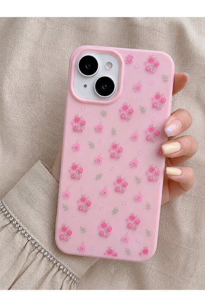 Iphone 13-14-15 Uyumlu Pembe Çiçek Desenli, Çift Kılıflı Kamera Korumalı ve Darbe Emici