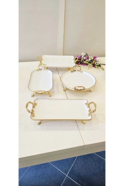 4 Piece Porcelain Presentation Set with Handles and Classic Feet, Gold with Gilt Details