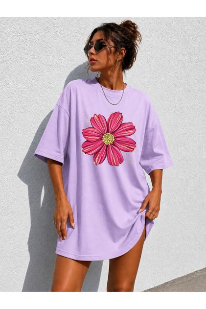Women's Cosmos Flower Printed Oversize Extra Long Tunic T-Shirt