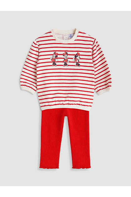 Bej Minnie Mouse Baskılı Kız Bebek Taytlı Takım