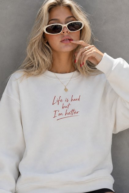 Women's Oversize Sweatshirt Hotter Mood 3D Printed White – Crew Neck, 3 Thread Raster Fleece