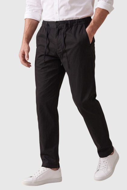 Men's Black Comfortable Cut Fabric Trousers with Elastic Sides and Drawstring Waist, Narrow Leg 2600600