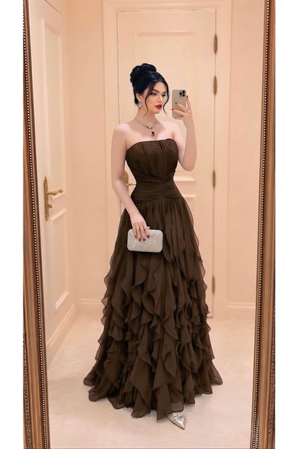 Soft Off-Shoulder Evening Dress in Mocha Color