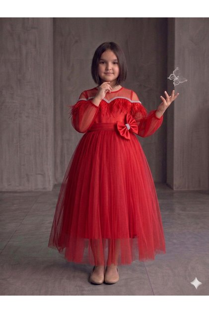 Girl's Evening Dress Tulle Puffy Dress Feathered Collar Waist Belt Bow Can Also Be Used as a Buckle