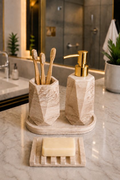 Marble Patterned Brown Concrete 4-Piece Bathroom Wc Set Liquid Soap Dispenser Presentation Tray Toothbrush Holder Decorative Accessories