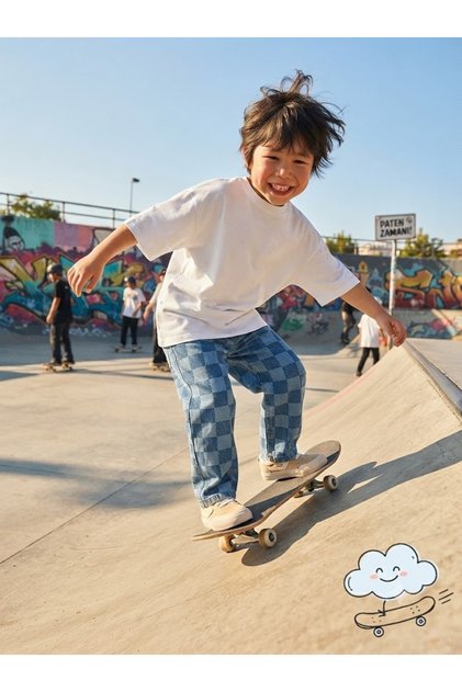 Children's Top and Bottom Set Oversized Basic T-Shirt and Blue Checkered Balloon Jeans Set