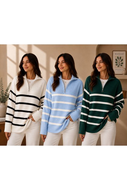 Women's 3-Piece Thessaloniki Knitted Half-Zip Striped Knitwear Sweater High Collar Winter