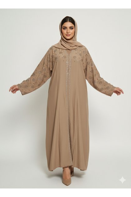 Taupe Nida Abaya | Star/Floral Silver Embellished Silhouette Dress | Rizqé Modest Luxury